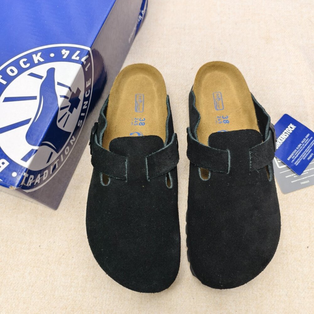 Women's Black Suede Birkenstock Boston Shoes - Narrow Fit